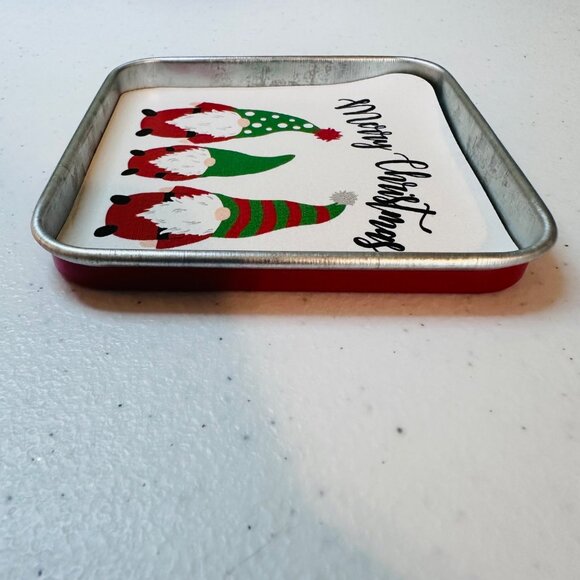 Holiday Christmas Gnome Coaster Set 4 tin coasters plus holder with handle - Picture 12 of 14